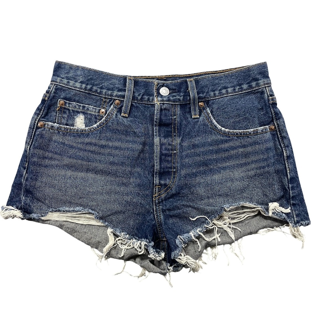 Levi's Premium 501xx Shorts Womens W30 Blue Denim High Rise Cutoff Frayed Hem
